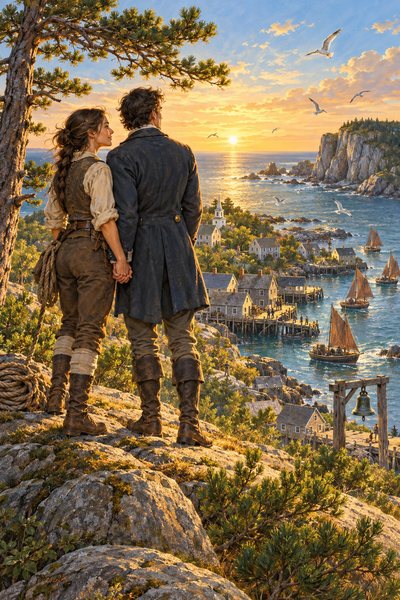 Sample generated cover: two travelers looking out over a harbor at sunset