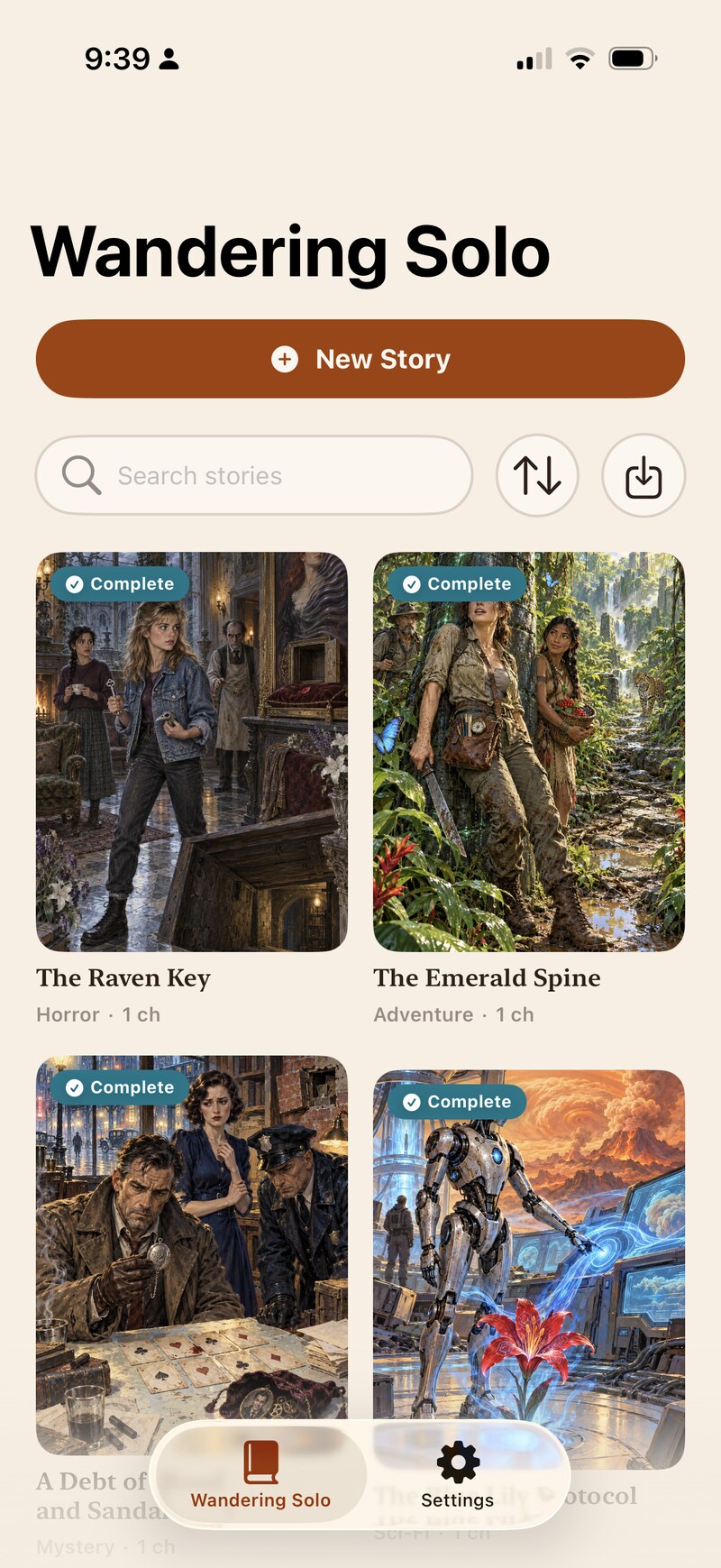 Screenshot of Wander Story: your library of stories, each with its own cover