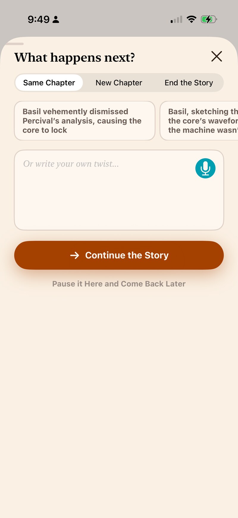 Screenshot of Wander Story: pick a suggested idea, or type or say your own