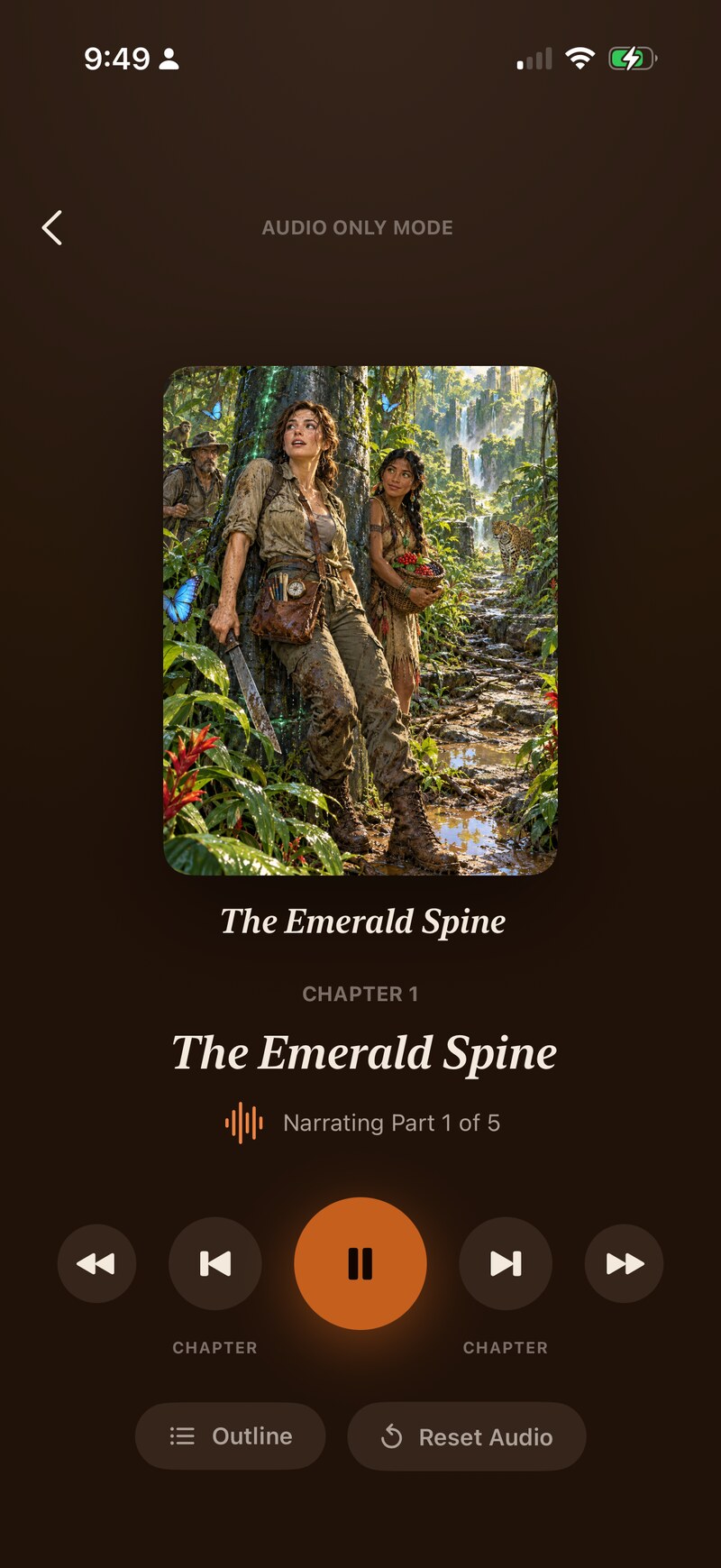 Screenshot of Wander Story: audio mode: headphones on, eyes up, story playing